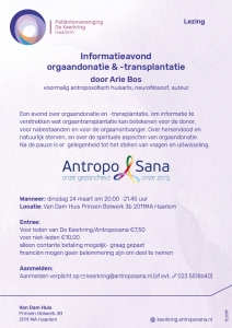 GEANNULEERD: infoavond orgaandonatie door Arie Bos Antroposana De Keerkring patiëntenvereniging Haarlem e.o